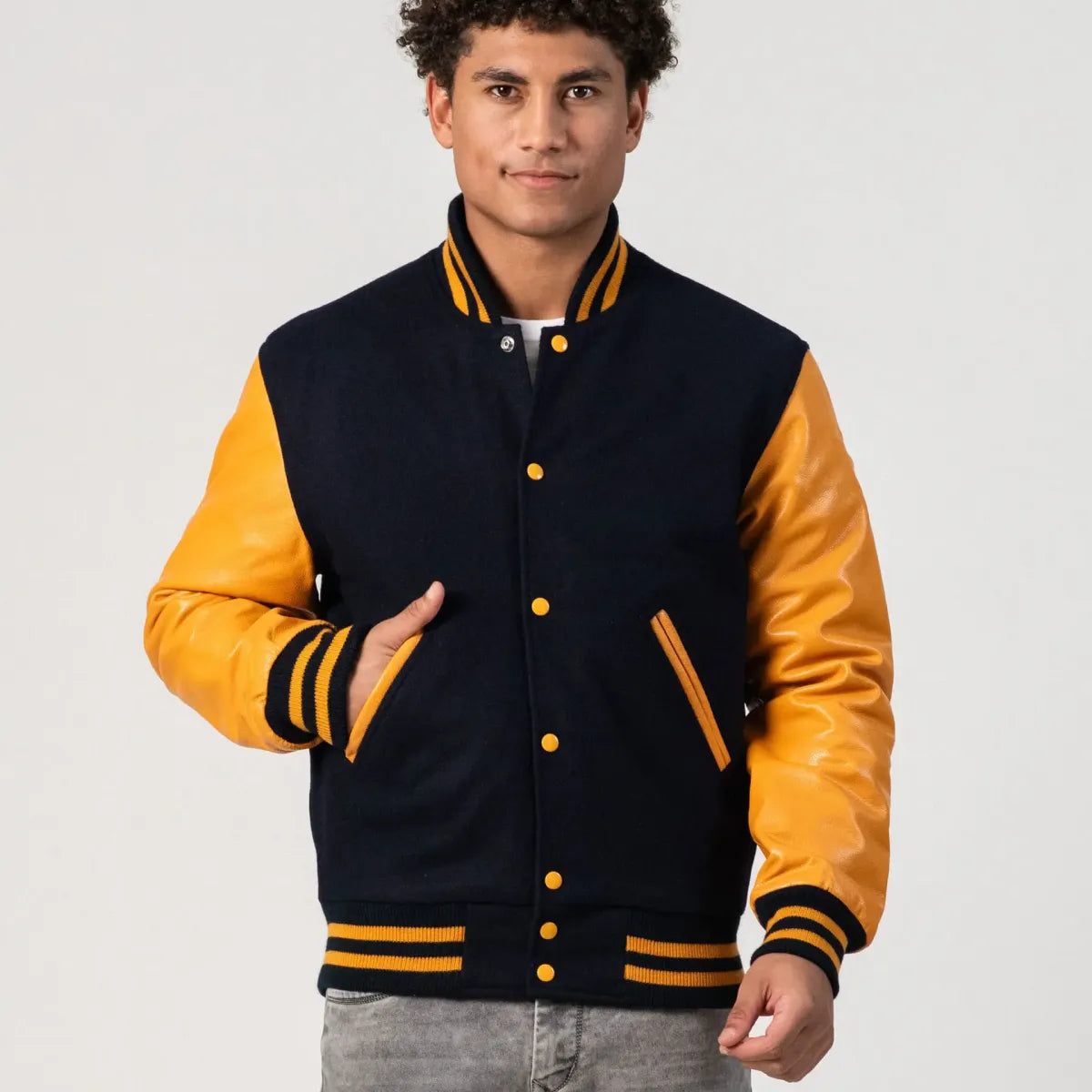 Black Wool Body & Bright Gold Leather Sleeves Letterman Jacket
